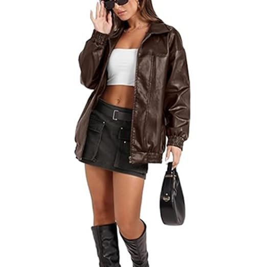 Women’s Oversized Faux Leather Bomber Jacket Zip-Up Winter Motorcycle - Image 3