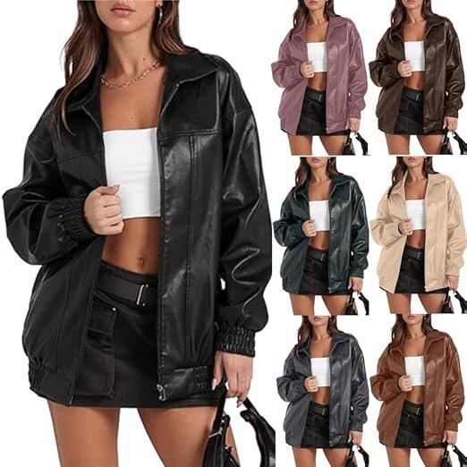 Women’s Oversized Faux Leather Bomber Jacket Zip-Up Winter Motorcycle - Image 4