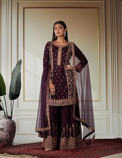 Womens Embroidered Silk Blend Straight Kurta With Palazzos and Dupatta - Image 2