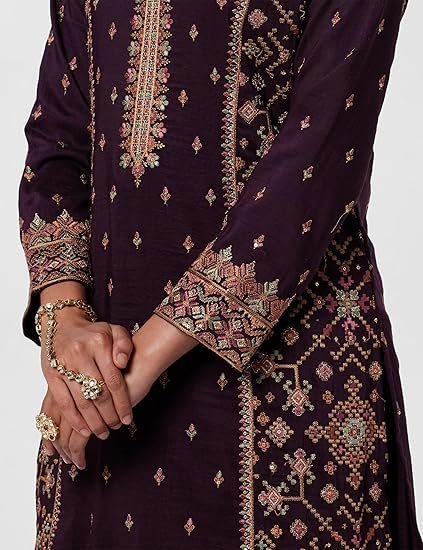 Womens Embroidered Silk Blend Straight Kurta With Palazzos and Dupatta - Image 4