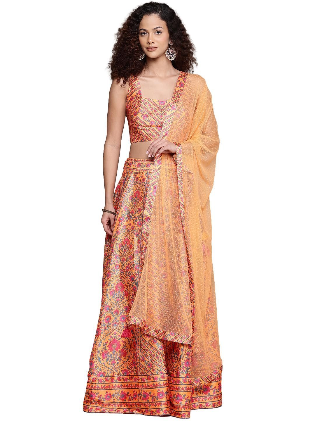 Women's Yellow Fern Square Neck Blouse With Lehanga And Dupatta