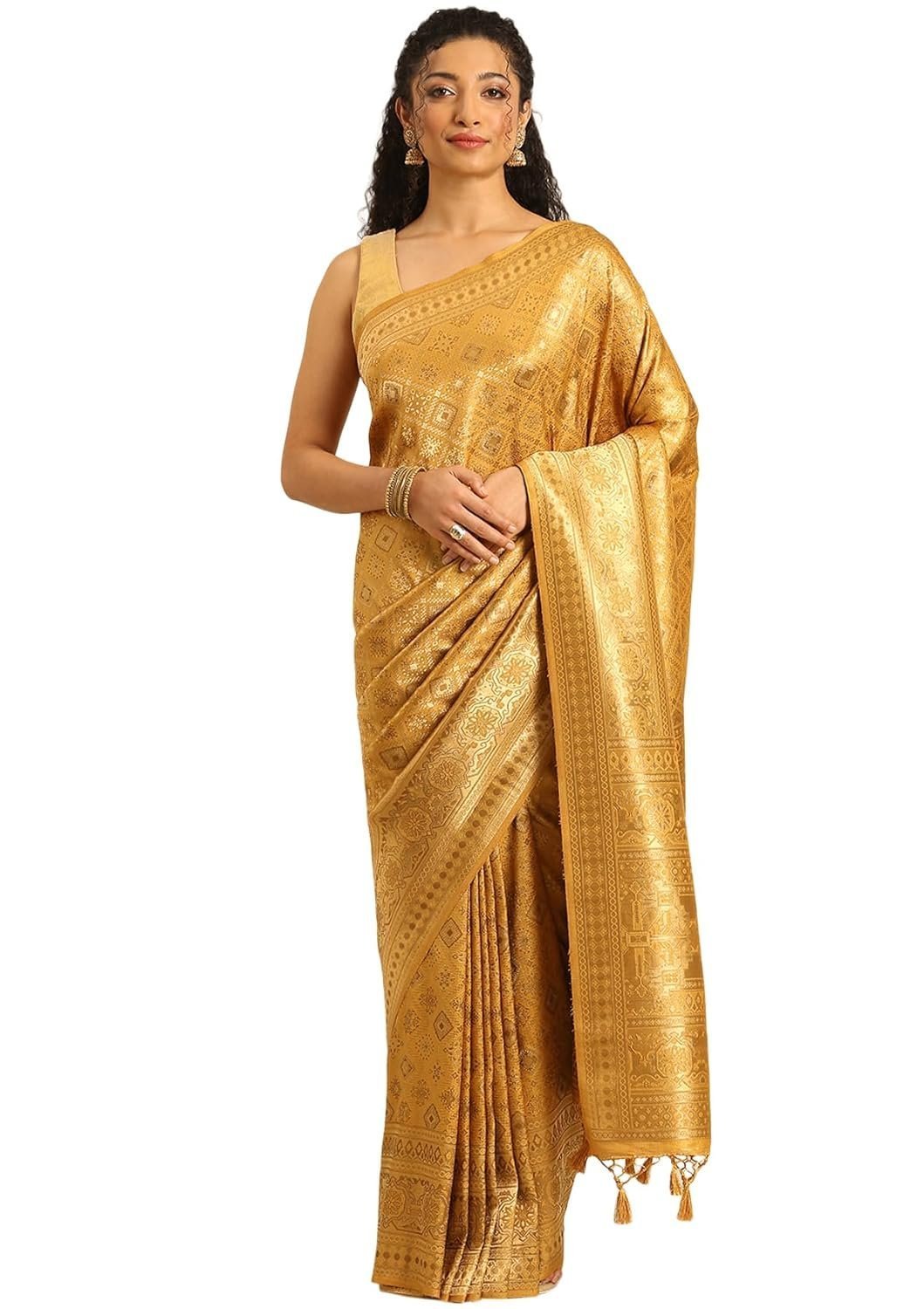 Women's Saree in Emerald Green Brocade Zari Border Intricate Tile Pattern Weaving Regal Woven Pallu Matching Geometric Floral Blouse