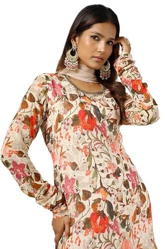 Womens Chinon Floral Print Suit Set With Mirror And Cutdana - Image 4