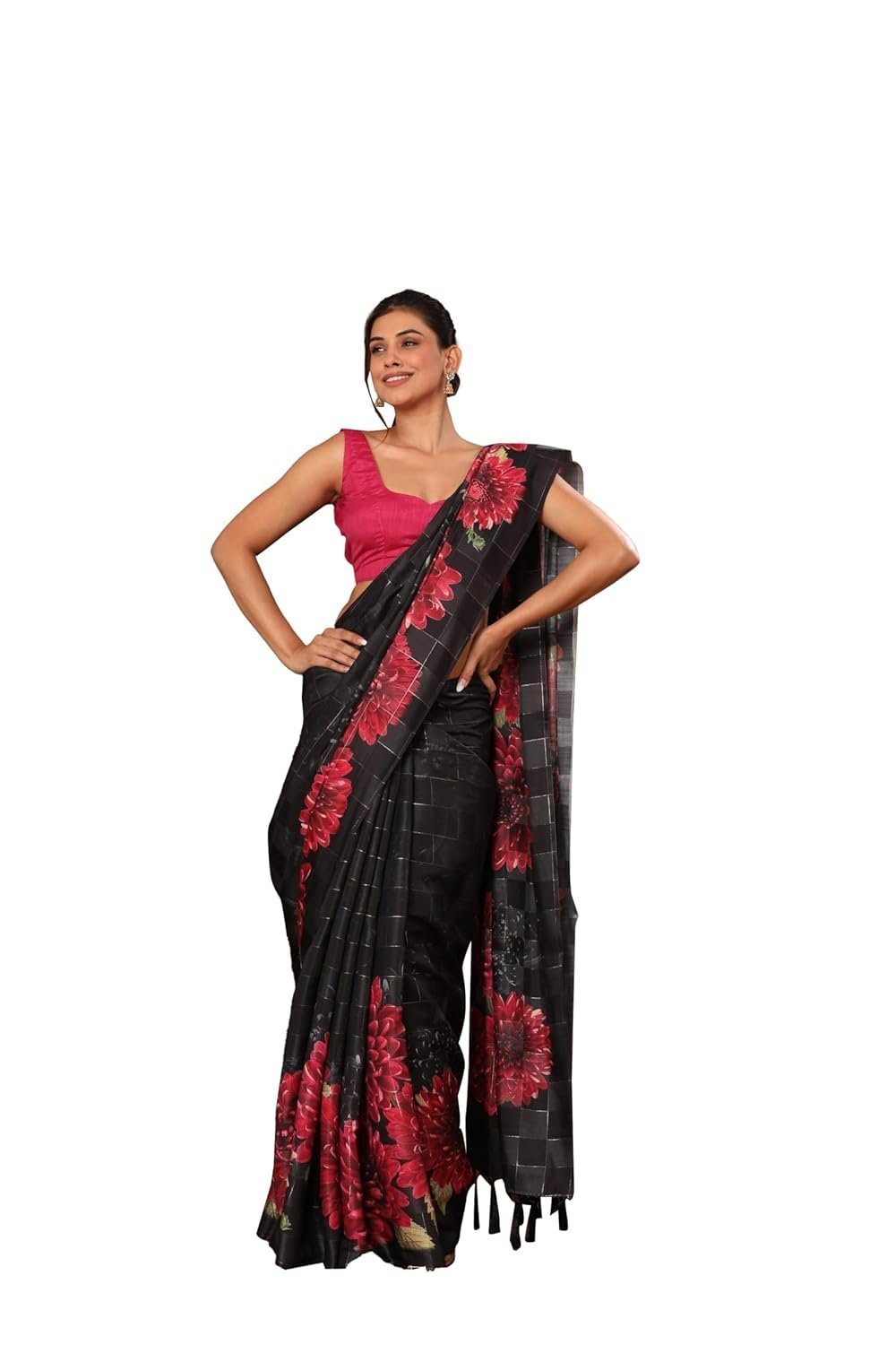 Women's Saree Chequered And Floral Fusion Design Luxe Sheen And Drapey Flow