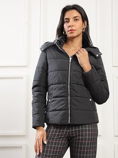 Women Mock Neck Front Zip Winter Wear Insulator Puffer Jacket With Detachable Soft Functional Hood - Image 2