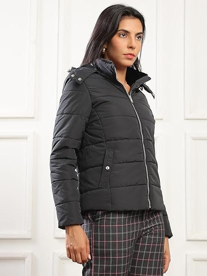 Women Mock Neck Front Zip Winter Wear Insulator Puffer Jacket With Detachable Soft Functional Hood - Image 3