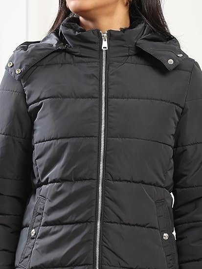 Women Mock Neck Front Zip Winter Wear Insulator Puffer Jacket With Detachable Soft Functional Hood - Image 4