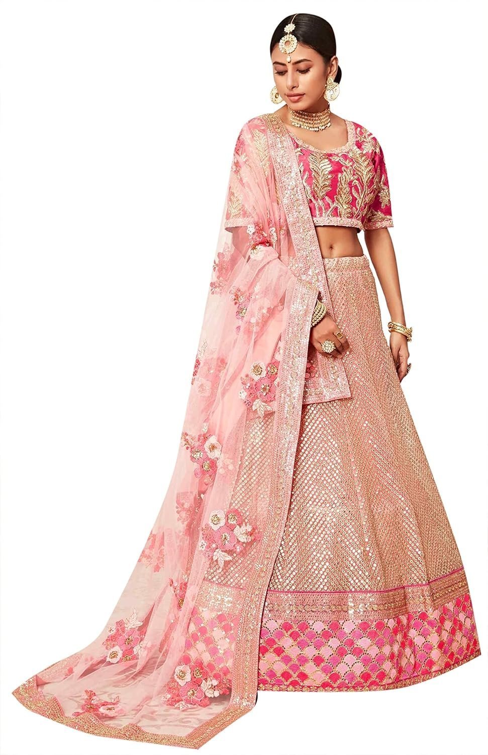 Women's Soft Net Lehenga Choli With Dupatta (PINK_ZC7706_Unstitched)