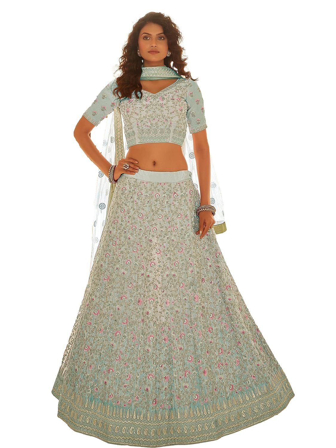 Women's Sky Blue Color Crepe Material Stone Work Lehenga Choli For Women
