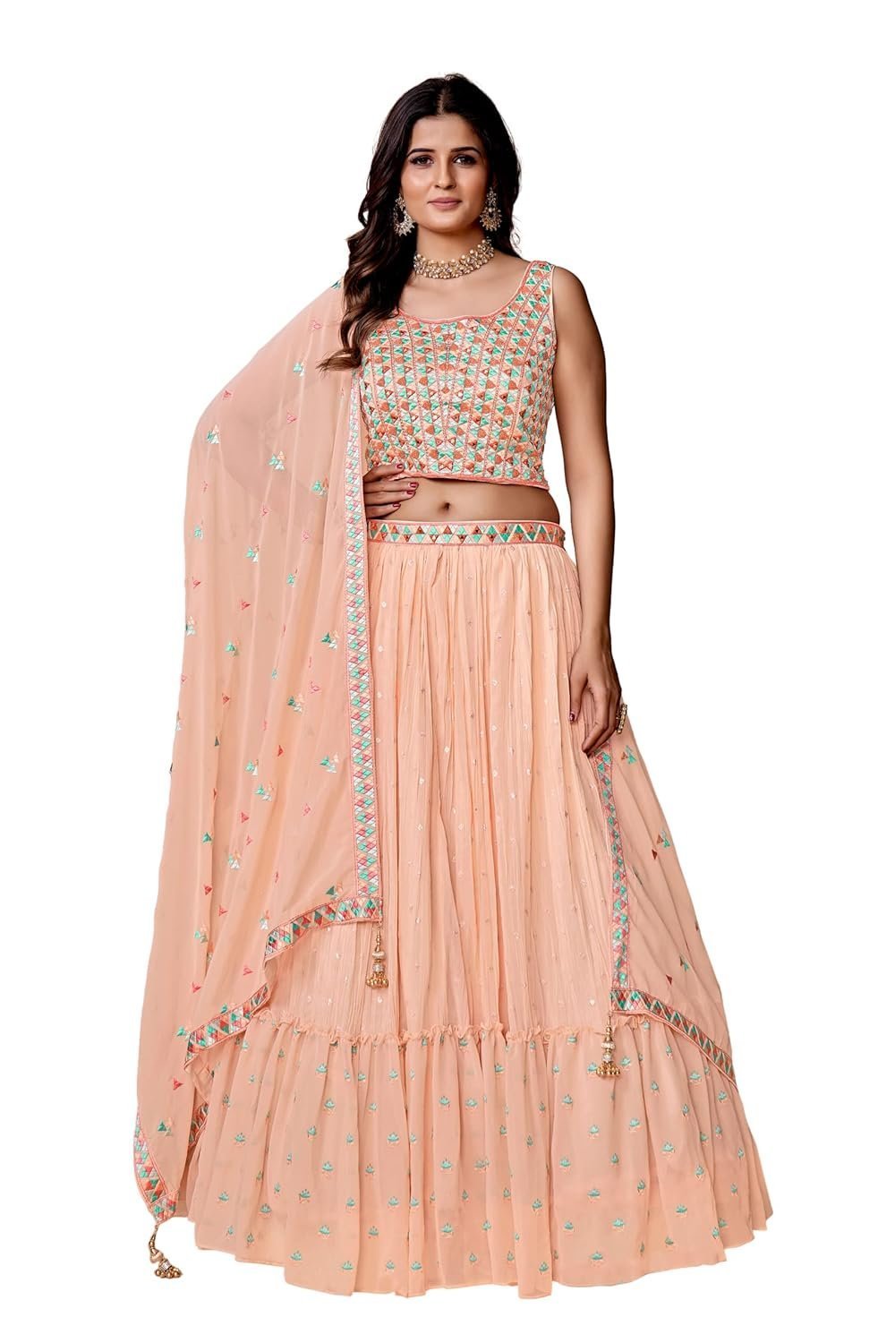 Women's Thread With Pearl Peach Ruffle Lehenga