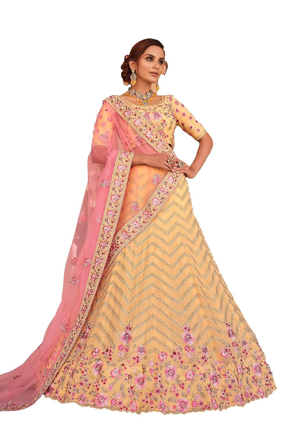 Women's Yellow Color Georgette Material Thread And Stone Work Lehenga For Women