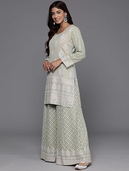 Womens Self Design Georgette Straight Kurta With Palazzos and Dupatta - Image 2