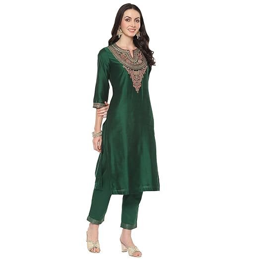Women Poly Viscose Straight Embroidery Kurta Slim Pants Suit Set - Image 3
