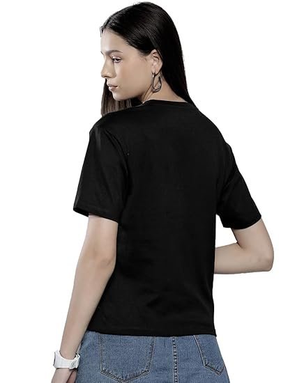 Women's Boyfriend/Loose Fit Round Neck Half Sleeve Cottonblend Tshirt (Color Black) - Image 3