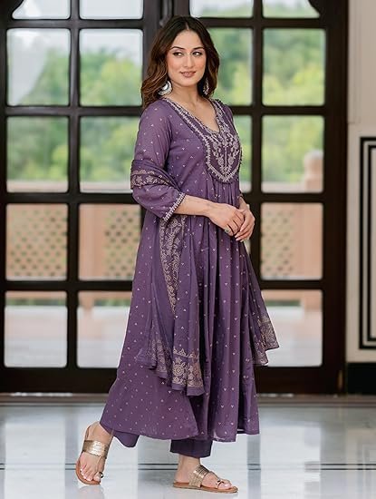 Women’s 100% Pure Cotton Anarkali Kurta Set with Pant & Dupatta | Embroidered Flared Kurta | Elegant Ethnic Suit - Image 2