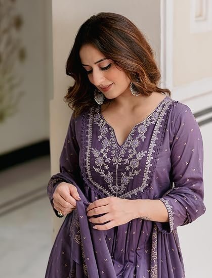 Women’s 100% Pure Cotton Anarkali Kurta Set with Pant & Dupatta | Embroidered Flared Kurta | Elegant Ethnic Suit - Image 3