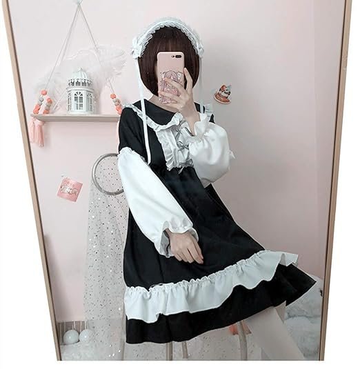 Polyester Womens Cute Maid Costumes Lolita Japanese Anime Cosplay Uniform Vintage French Maid Dress Black - Image 2