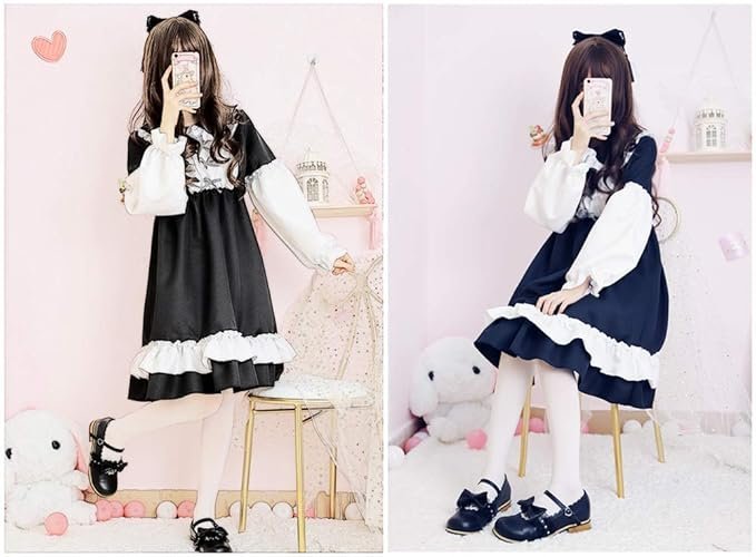 Polyester Womens Cute Maid Costumes Lolita Japanese Anime Cosplay Uniform Vintage French Maid Dress Black - Image 3