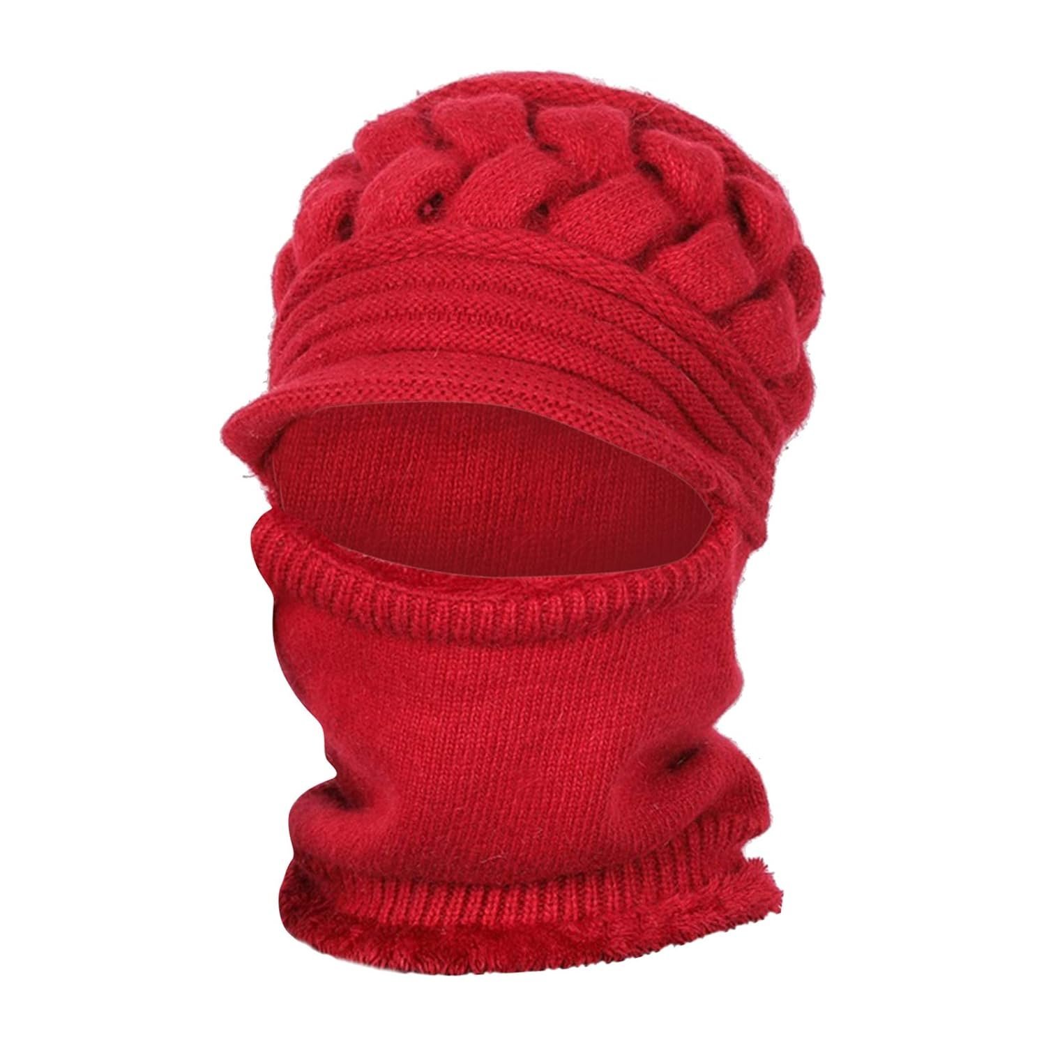 Women Hat Warm Skullies Scarf Crochet Casual Cap Red