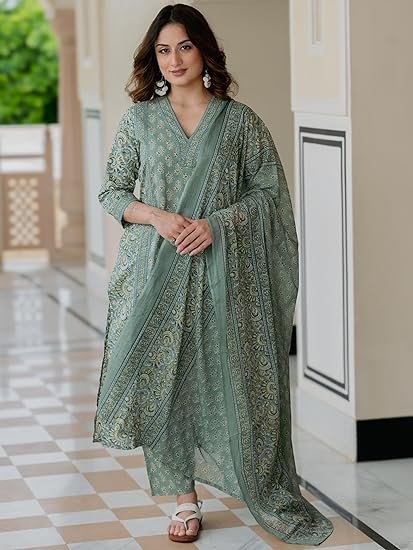 Women’s Cotton Printed Kurta Set with Pants & Dupatta | Elegant Ethnic Wear for Women | Floral Print | Comfortable Suit Set - Image 2
