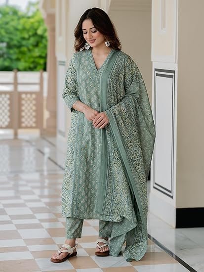 Women’s Cotton Printed Kurta Set with Pants & Dupatta | Elegant Ethnic Wear for Women | Floral Print | Comfortable Suit Set - Image 3