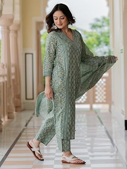 Women’s Cotton Printed Kurta Set with Pants & Dupatta | Elegant Ethnic Wear for Women | Floral Print | Comfortable Suit Set - Image 4