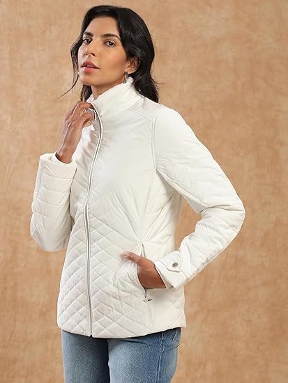 Women Mock Neck Front Zip Belted Winter Wear Insulator Puffer Jacket With Detachable Soft Functional Hood - Image 2