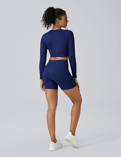 Women Workout Sets 2 Pieces Long Sleeve Yoga Outfits Gym Clothes Seamless Ribbed Crop Top High Waist Leggings - Image 3