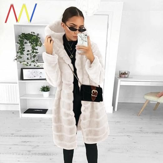 Women’s Long Hooded Faux Fur Coat, Loose Fit Plush Winter Jacket - Image 2