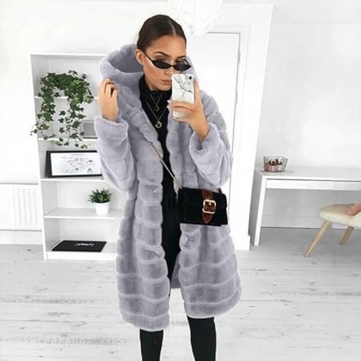 Women’s Long Hooded Faux Fur Coat, Loose Fit Plush Winter Jacket - Image 3
