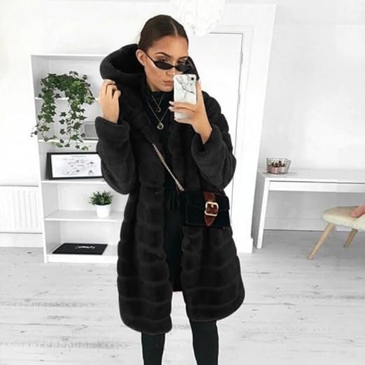 Women’s Long Hooded Faux Fur Coat, Loose Fit Plush Winter Jacket - Image 4