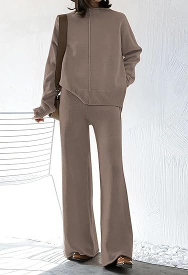 Women's 2 Piece Sweatsuit Outfits Long Sleeve High Neck Knit Pullover Sweater Top High Waist Wide Legs Pants Lounge Set - Image 2