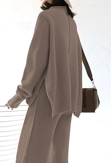 Women's 2 Piece Sweatsuit Outfits Long Sleeve High Neck Knit Pullover Sweater Top High Waist Wide Legs Pants Lounge Set - Image 4