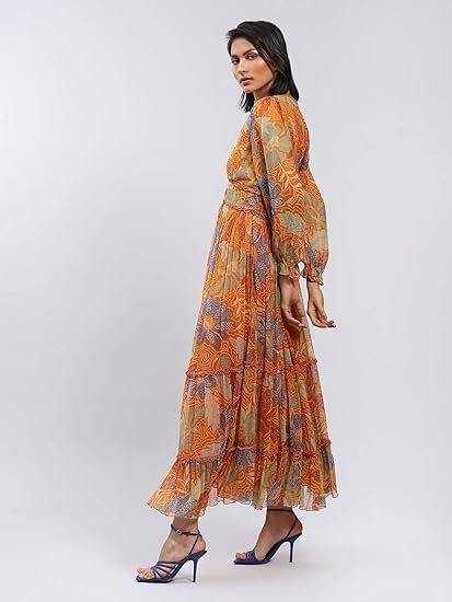 Orange Floral Print Long Dress with Tiers - Image 3