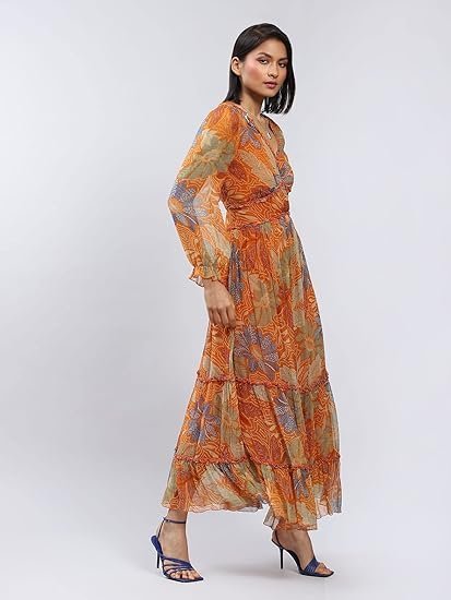 Orange Floral Print Long Dress with Tiers - Image 4