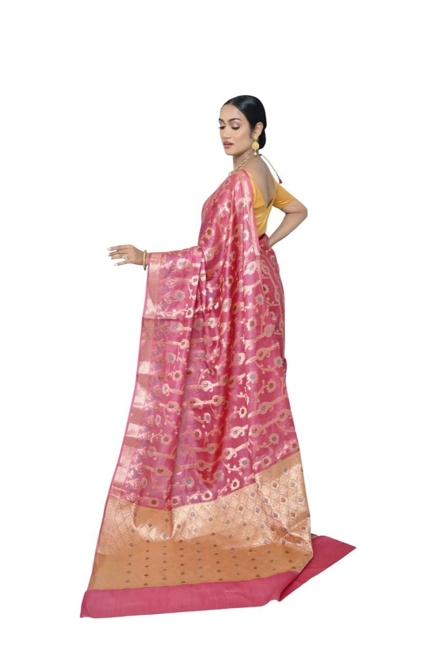 Women's Rani Pink Handloom Pure Kosa Silk Saree with Zari Work
