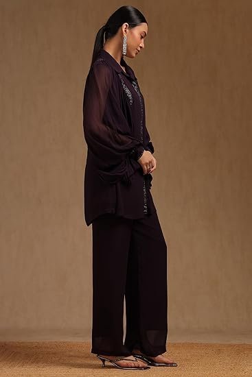 Womens Georgette Solid Co-Ord Set With Mukaish Work - Image 2