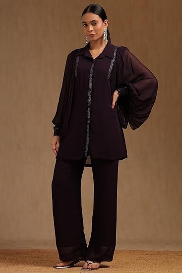 Womens Georgette Solid Co-Ord Set With Mukaish Work - Image 3