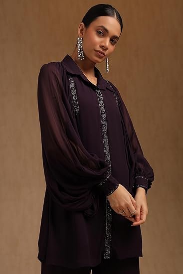 Womens Georgette Solid Co-Ord Set With Mukaish Work - Image 4