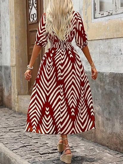 Women's V-Neck Slit Maxi Dress Printed Boho Style, Short Sleeve, Tie Waist, Summer Casual Outfit - Image 2