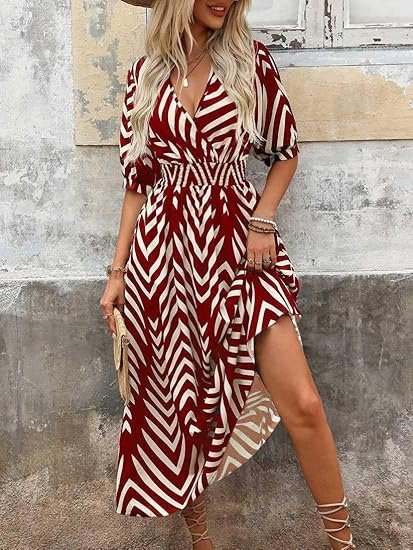 Women's V-Neck Slit Maxi Dress Printed Boho Style, Short Sleeve, Tie Waist, Summer Casual Outfit - Image 3