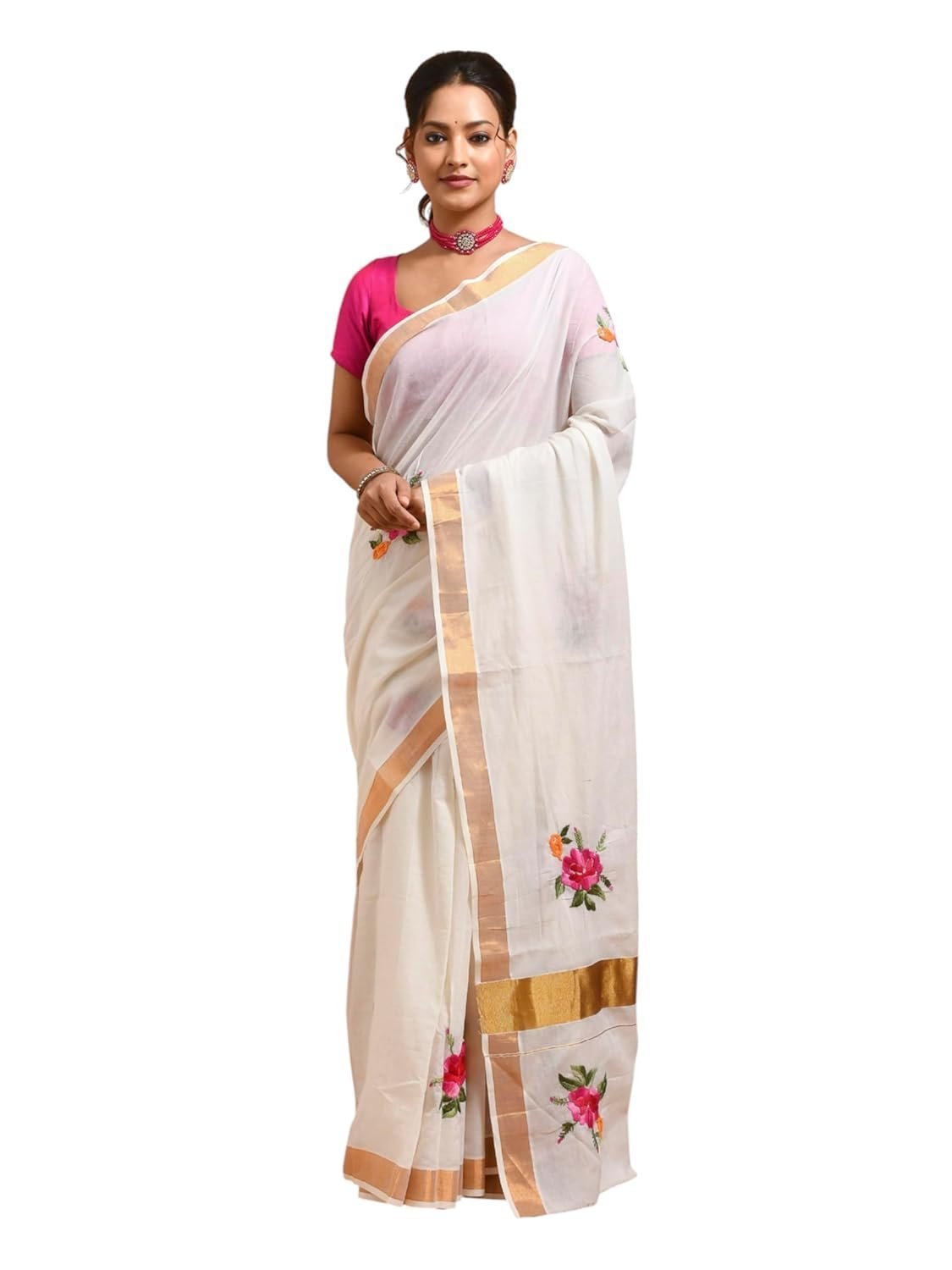 Women's Kerala Cotton Saree with Rose Design Hand Embroidery and Zari Border
