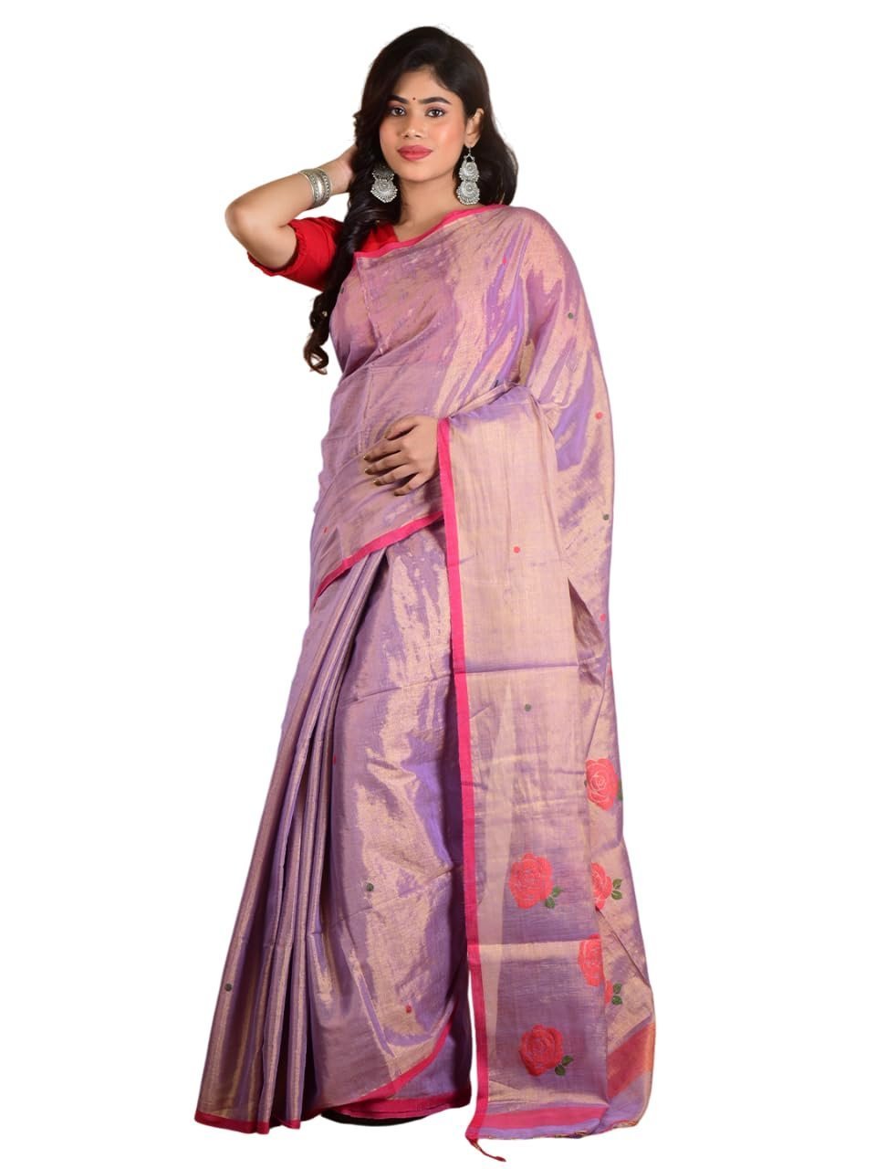 Women's Traditional Handloom Tissue Saree, with Red Flower Motif,