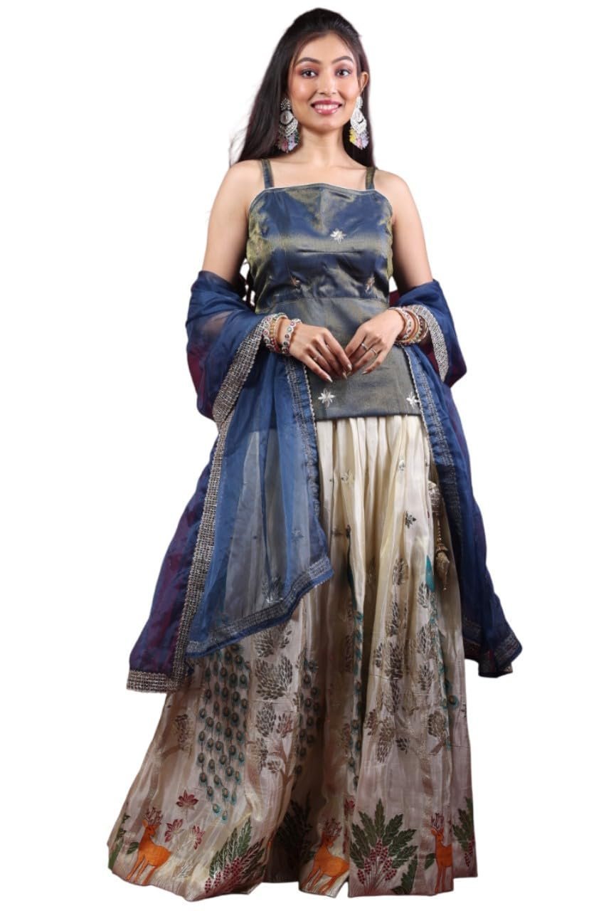Women's Traditional Lehenga Choli Set, Blue & Beige, Silk Blend with Mirror Work, Zari & Thread Embroidery, Organza Dupatta, 3 Pieces