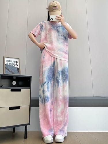 Women’s Tie-Dye Pajama Set | Relaxed Fit Short Sleeve Top & Long Pants Sleepwear | Soft & Comfy Lounge Wear Set with Pockets Winter wear Nightdress for Women | Trendy Korean Nightsuit Set - Image 3