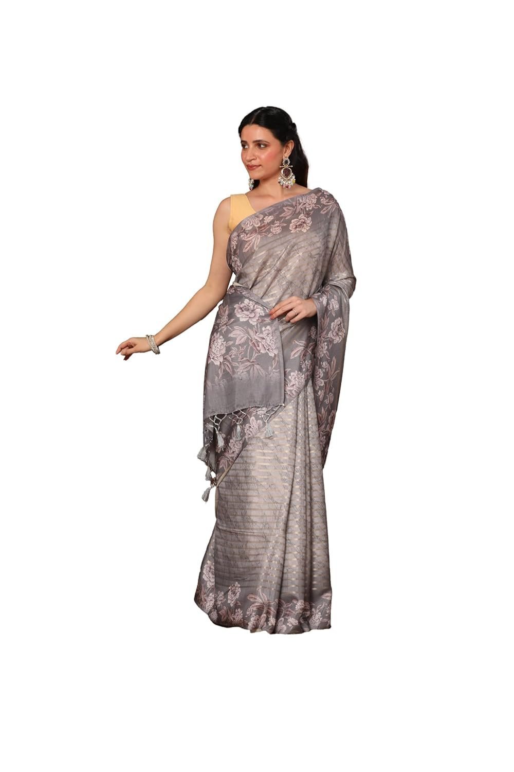 Women's Floral Printed Design with Zari Stripes Coordinated Pallu And Zari Striped Blouse