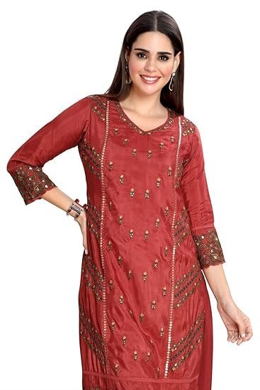 Kurti pant set for women with Palazzo and dupatta Maroon Sequins work - Image 2