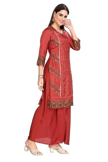 Kurti pant set for women with Palazzo and dupatta Maroon Sequins work - Image 3