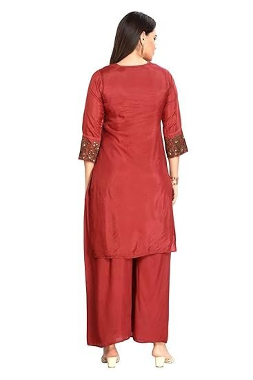 Kurti pant set for women with Palazzo and dupatta Maroon Sequins work - Image 4