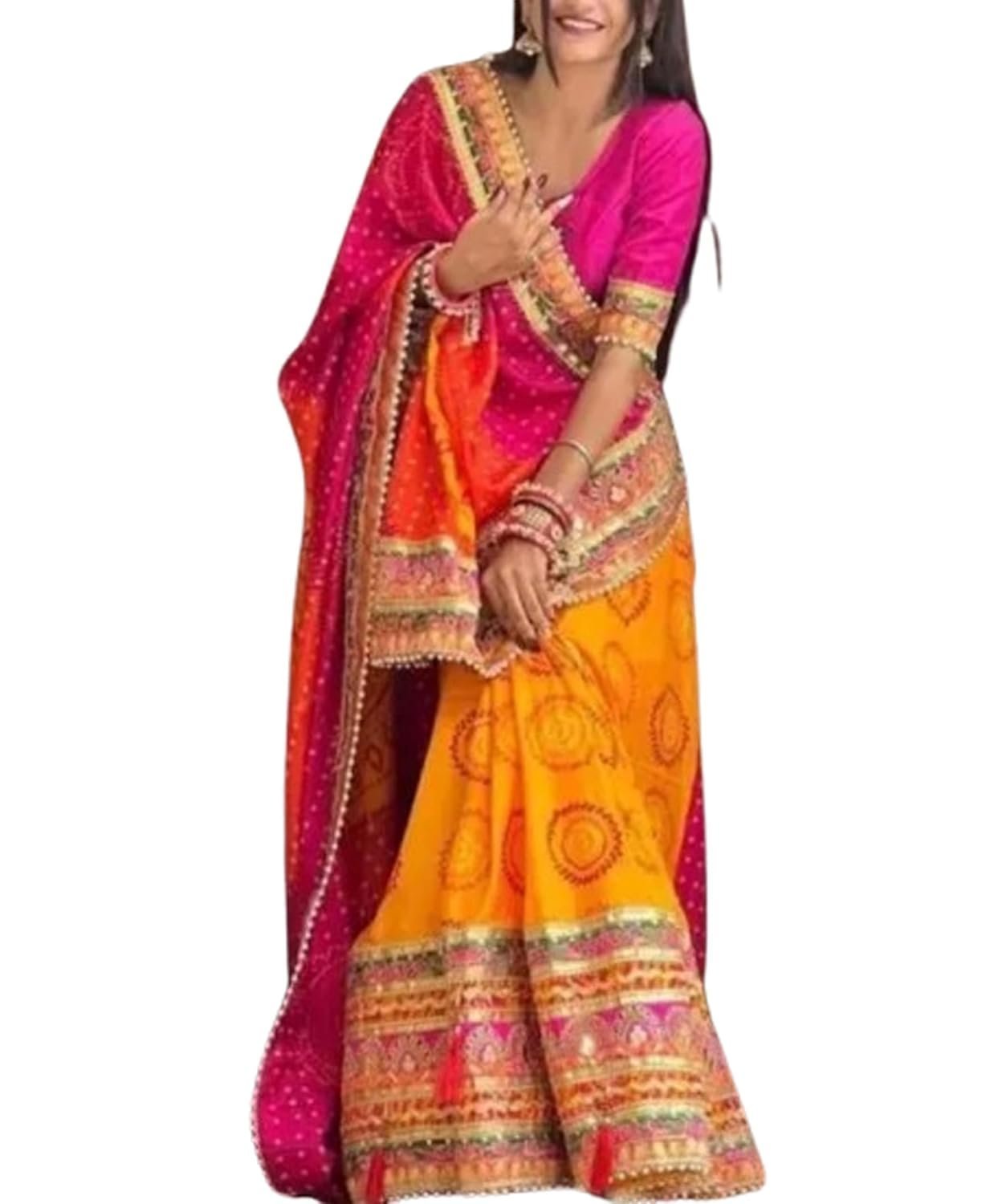 Women`s Silk Sarees Traditional Design with Contrast Blouse Piece - Orange Pink